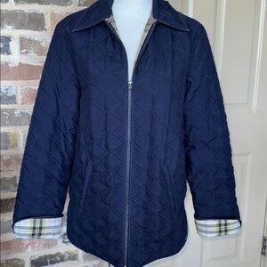 Evan Picone Navy Quilted Barn Jacket Plaid Interior Leather Trim Sz S